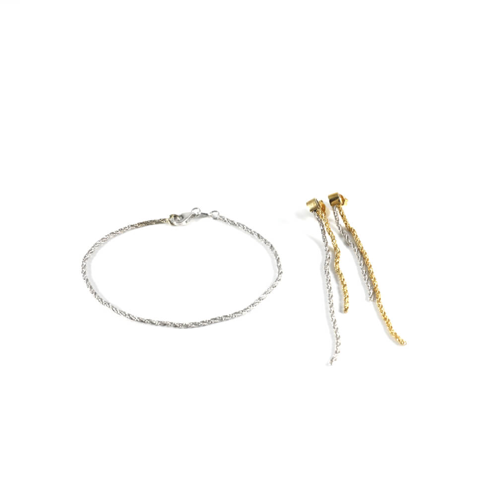 Ohrringe Stecker mit beweglichen Kettchen Bicolor 585/- Weißgold Gelbgold Armband Weißgold Set