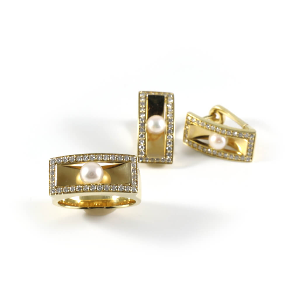 Ring Gold 585/- Briilanten Perle-Ohrringe Klappcreolen 585/- Gold Set
